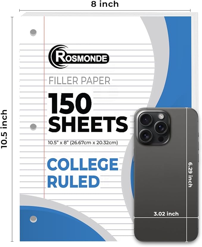 Rosmonde 6 Pack Loose Leaf Paper, 900 Sheets, College Ruled, 8" x 10.5", 56 gsm Bulk Office Filler Paper, 150 Sheets/Pack, 3 Hole Punched, College Ruled Paper for 3 Ring Binder, Notebook Paper, White