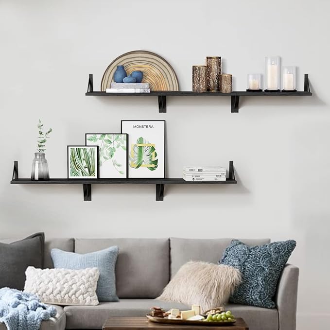 Forbena Black Floating Shelves Bathroom Set of 3, Wooden Wall Book Shelves