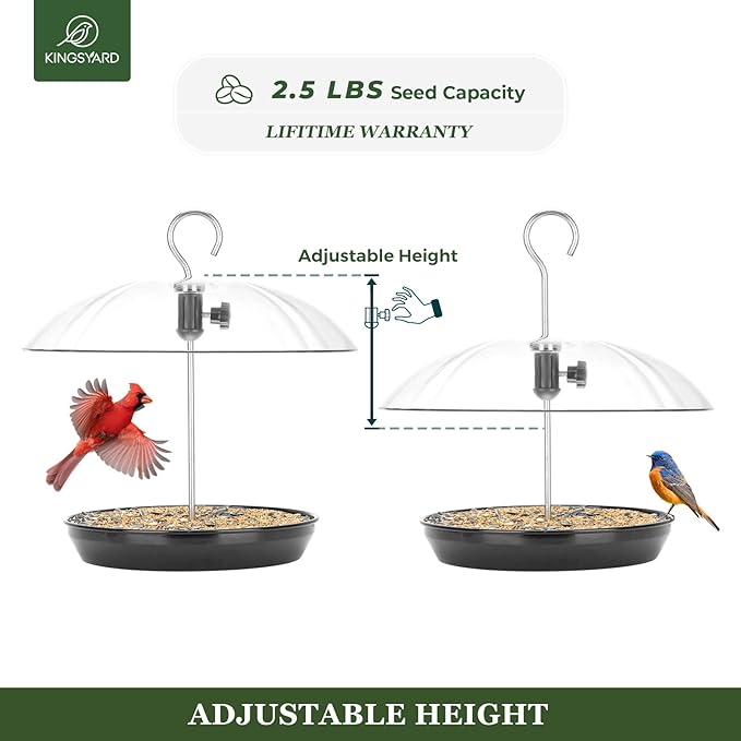 Kingsyard Adjustable Platform Bird Feeder for Outdoors, Hanging Metal Seed Tray with Clear Rain Proof Dome, Large Capacity for Wild Bluebird Cardinal Goldfinches, Black