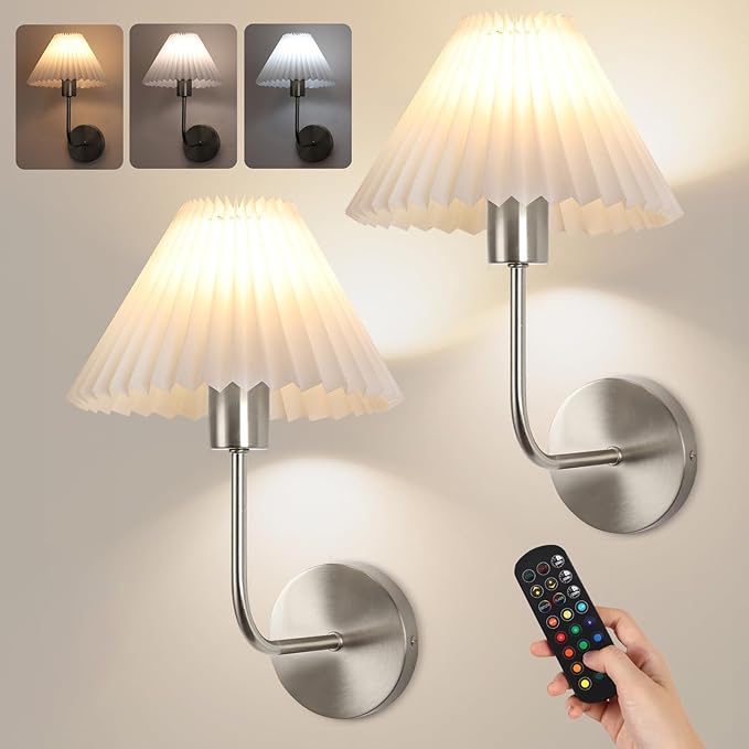 Wireless Wall Sconce Sets of 2, Pleated Shades Rechargeable Battery Operated