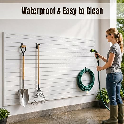 SMARTSTANDARD Slatwall Panel 4x8 FT, Garden Wall Organizer with 31 Garden Tool Hooks & Baskets,Heavy Duty PVC Slat Wall Panels for Gardening, Easy to Install & DIY Cutting(White)