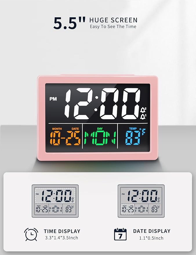 Digital Alarm Clock, with 5.5" Large LED Time Display, Adjustable Alarm Volume, 6 Level Brightness, Alarm Settings, USB Charger, Temperature Detect, Snooze, Clocks for Bedroom, Bedside, Desk, Pink