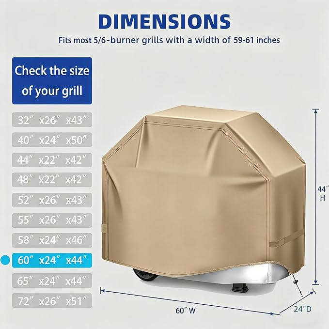 BBQ Gas Grill Cover for Outdoor, Anti-UV, Rip-Proof, 600D Oxford Fade Resistant Material, Barbecue Cover with Hook and Loop Straps & Adjustable Hem Drawstring (Beige, 60”x24”x44”)