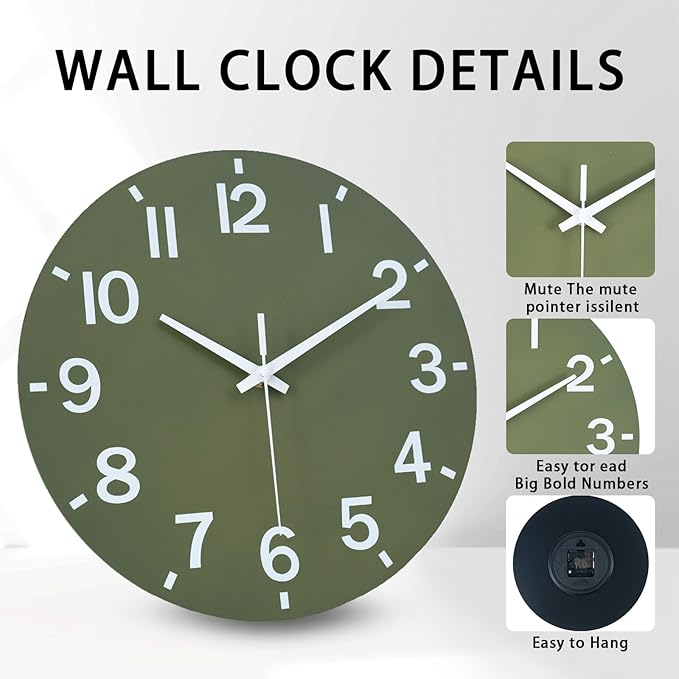 HZDHCLH Wall Clock 12 Inch Silent Non Ticking Wood Battery Operated Green