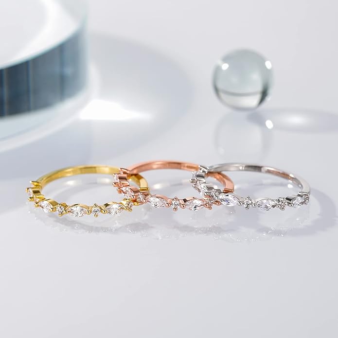 SHINYSO 14K Gold Plated Wedding Band for Women Thin Stacking Ring Half Cubic Zirconia Eternity Engagement Ring Size 4-10