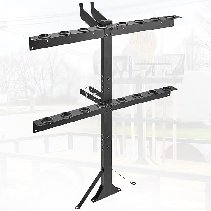 Upgraded Utility Trailer Tool Rack, 8-Hole Shovel and Rake Holder with Rubber Grommets & Brackets, Heavy-Duty Lawn Equipment Organizer for Truck and Open Trailers, Black