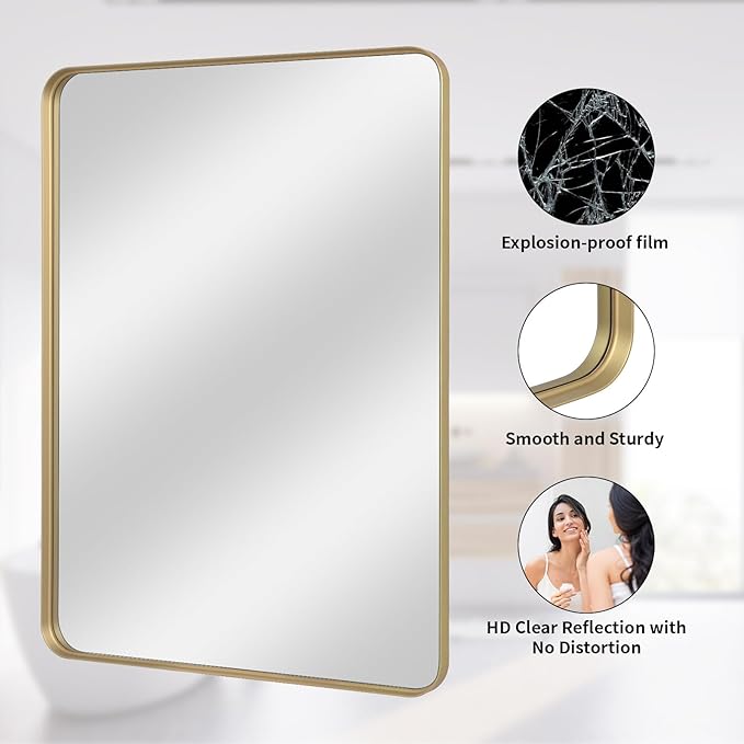 VooBang Bathroom Mirror 24x36 inch, Modern Round Corner Bathroom Vanity Mirror