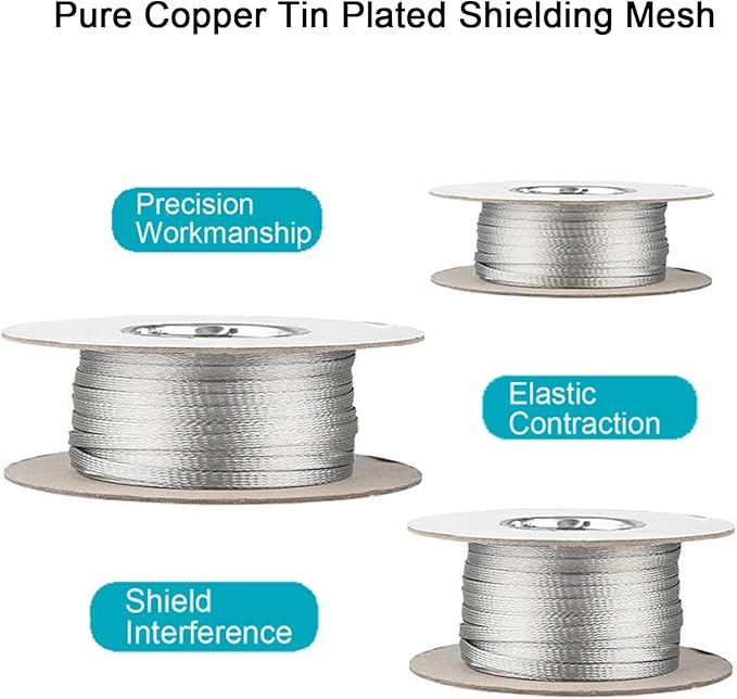 EMI RFI Shielding Wire Loom Metal Tinned Copper Grounding Braided Sheathing Cable Sleeve Mesh ESD Protection Flat Tubular Expandable (1/2" W(0.32" ID)-24FT)