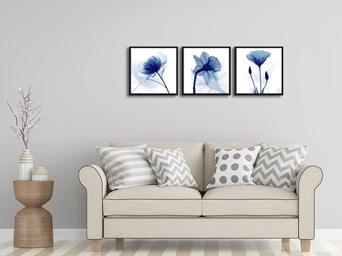 Wieco Art Framed Blue Abstract Flowers 3 Panels Canvas Prints Wall Art Modern