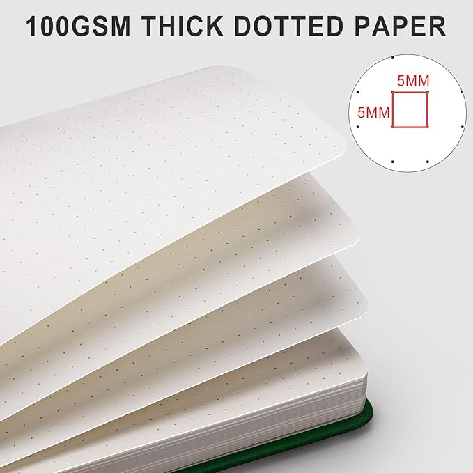AHGXG Bullet Dotted Journal - 320 Numbered Pages Dot Grid Notebook A5 Thick Journal, 100gsm Thick Dotted Paper, Leather Hardcover,Inner Pocket, 5.75'' × 8.38'' - Green