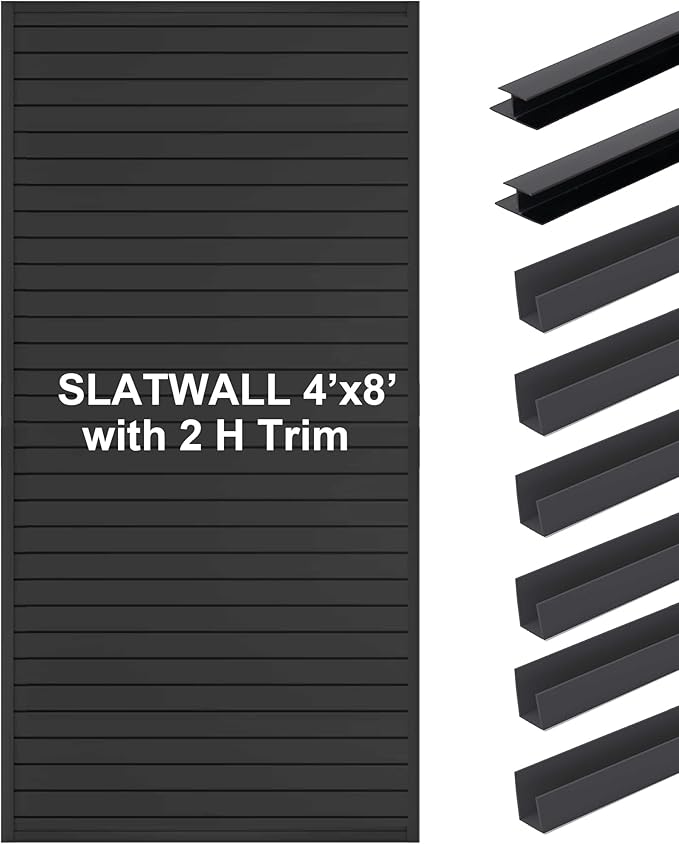 FRAYSCENT Slat Wall Paneling Garage Slat Wall Storage Systems Slatwall Panels Power Tool Organizer Wall Mount, PVC Garage Storage & Organization Products Slate Board (Black, 8ftx4ft with 2H Trim)