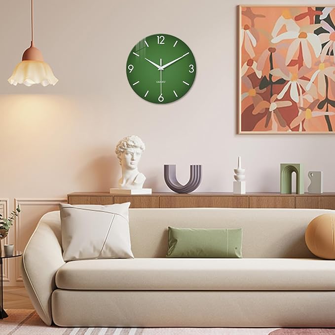 XFM Green Wall Clock 12 Inch Modern Wall Clocks Battery Operated Round Silent
