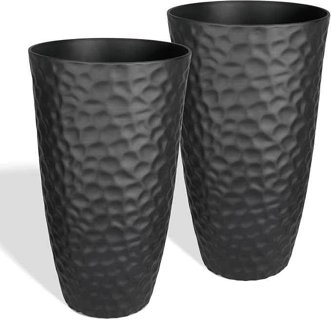 Worth Garden 24" H Tall Hammered Texture Planters Set of 2 - Matte Black Plastic Flower Pot with Drainage Holes, Modern Outdoor Indoor Lightweight Pots for Large Plants, Durable Decor Containers