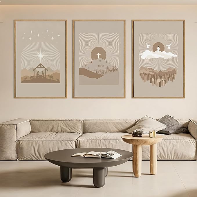 IARTTOP Extra Large Jesus Framed Wall Art 24x36 Inch Set of 3 Easter Brown Nativity Christian Canvas Wall Decor Grey Bible Verse Artwork for Church Living Room Bedroom