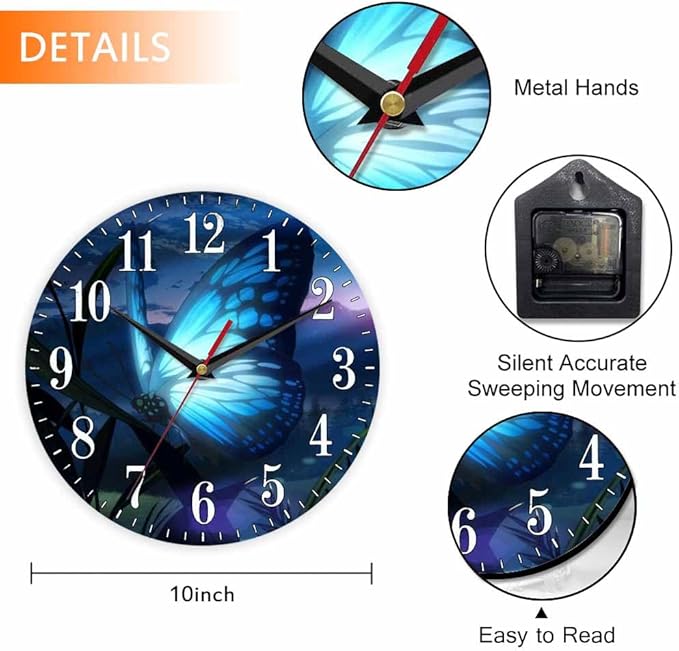 Mxocom Butterfly Wall Clock Beautiful Butterfly Radiant Blue Light 10 Inch