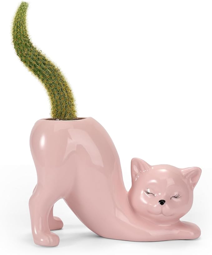 TOIVO Cat Planter Potï¼Indoor and Outdoor Plant Displaysï¼Funny Ceramics Cat Flower Potï¼Cat Gifts for Cat Loversï¼Lovely Office Desk Room Home Decor (Pink, Small)