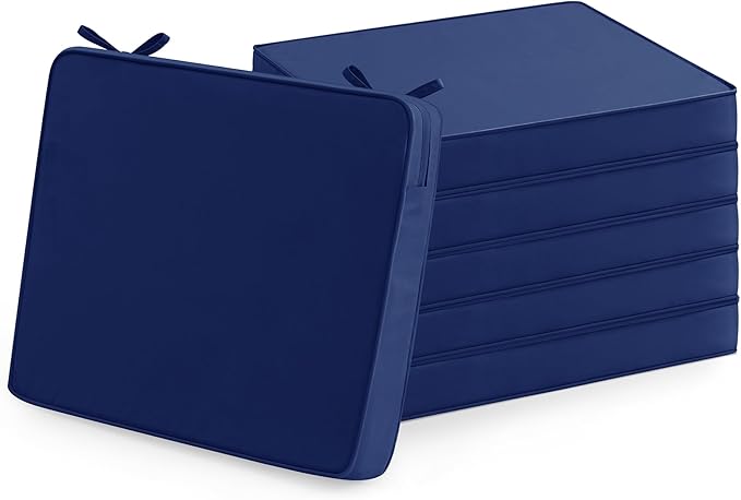 Outdoor Chair Cushions Set of 6: Waterproof & Fade Resistant Seat Cushion for Patio Furniture - 18.5 x 16 x 2 Inch Chair Pads with Ties and Hidden Zipper - Patio Chair Cushion Replacement, Navy