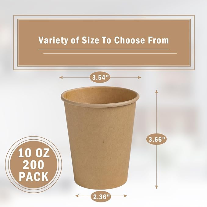 Lamosi 200 Pack 10 oz Kraft Paper Cups, Brown Disposable Paper Coffee Cups, Unbleached Cups for Hot/Cold Beverage Party Home Office