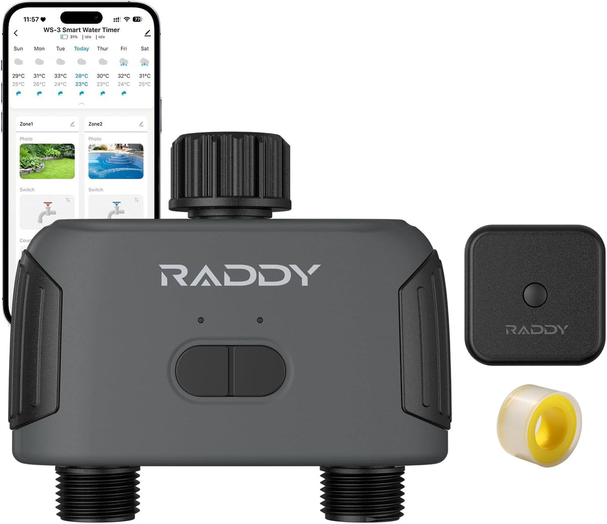 Raddy WS-3 WiFi Water Timer,2 Zones Sprinkler Timer for Garden Hose, Automatic Irrigation System with WiFi Hub, APP Control, Work with AWiFi Hub, Rain Delay for Lawns and Yard,2 Outlets