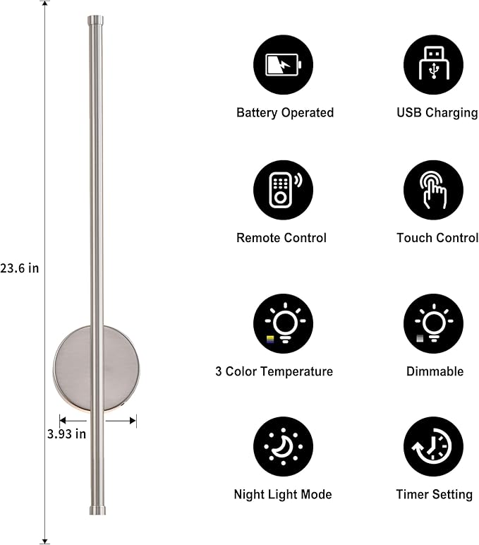 Battery Operated Modern Wall Sconces, Dimmable Wireless Wall Light Set of Two