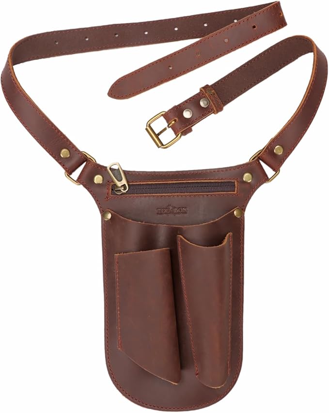 Tourbon Leather Gardening Belt Florist Tool Bag Gardener Holster Waist Pouch Electrician Carpenter Organizer Kit with 4 Pockets Up to 44"", Brown