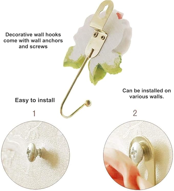 2 Pcs Pink Rose Decorative Wall Hooks, Fancy Resin Flower Towel & Key Hooks