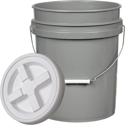 House Naturals 5 Gallon Food Grade BPA Free Made in USA Pails Gray Bucket with Screw On Air Tight Lid (1, Gray with White lid)