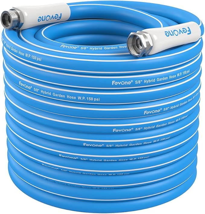 FEVONE 100 ft x 5/8 in Garden Hose, Drinking Water Safe Flexible Water Hose, Heavy Duty Hybrid Polymer Hose, Kink-Resistant, 3/4 in GHT Aluminum Fittings, Leak-Free, 600 PSI