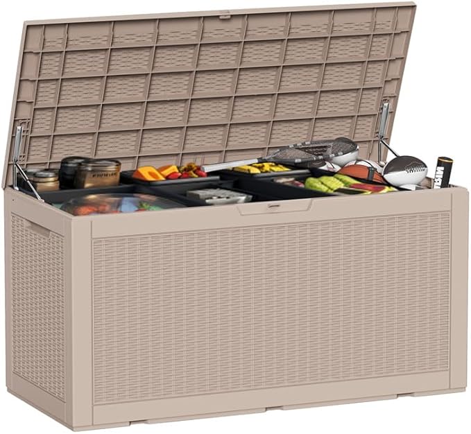 DRATO 100 Gallon Large Deck Box, Outdoor Storage Box for Patio Furniture, Patio Cushions, Gardening Tools, Pool Supplies,660lbs Weight Capacity,Waterproof Resin Storage Boxes