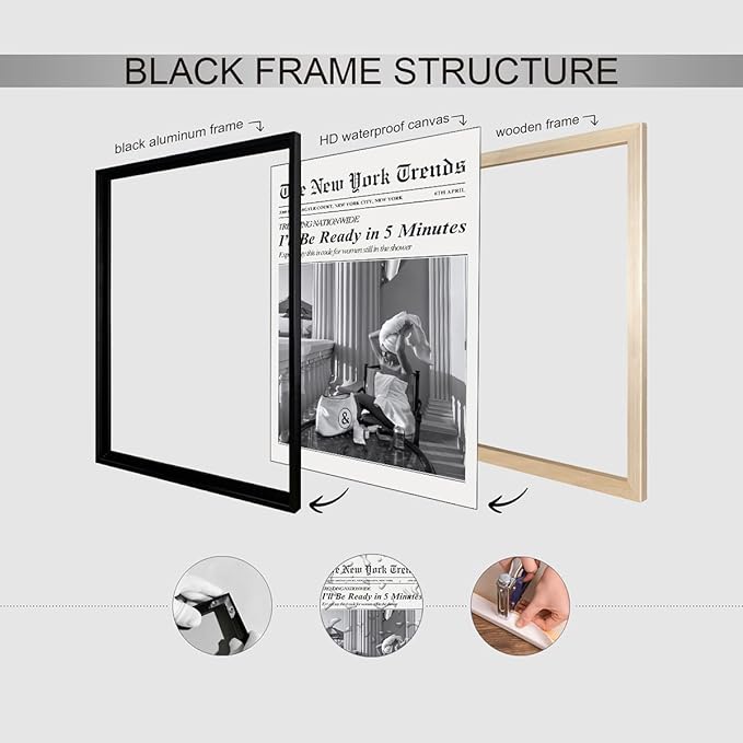 Vintage Newspaper Black Framed Wall Art Trendy Black and White Aesthetic