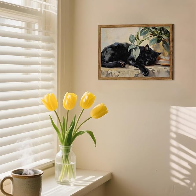 Framed Black Cat Canvas Wall Art, Vintage Sleeping Cat