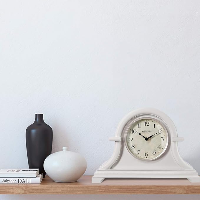 Presentime & Co. Mantel Clock Vintage Farmhouse Series, Napoleon Desk & Shelf Clock, 13 x 10 inch, Domed Lens, Quartz Movement, ABS Plastic Case, Gray Cream Finish (Home/Tabletop Decoration)
