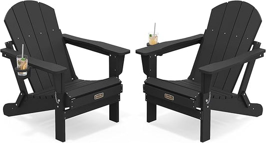 SERWALL Folding Adirondack Chair Set of 2, All Weather Adirondack Chairs with Cup Holder for Patio Garden Outdoors Fire Pit - Black