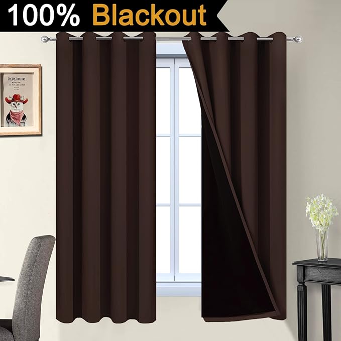 Yakamok Blackout Curtains 63 Inches Long, 2 Thick Layers Grommet Top Thermal