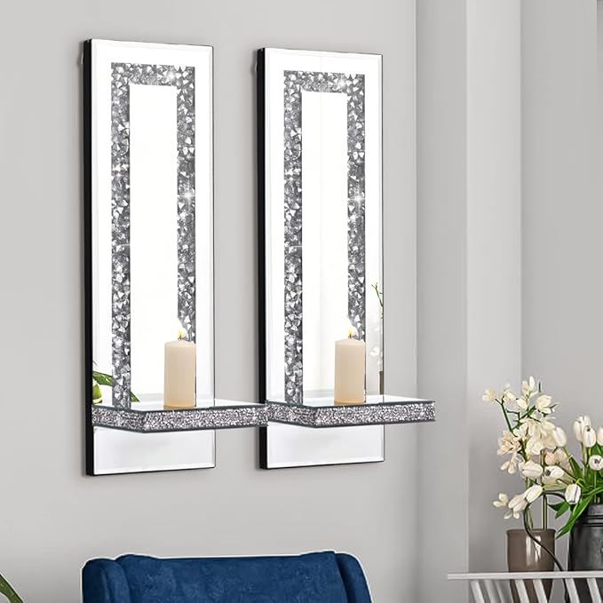 Aeveco Crystal Crush Diamond Mirrored Candle Sconces, Wall Decorations