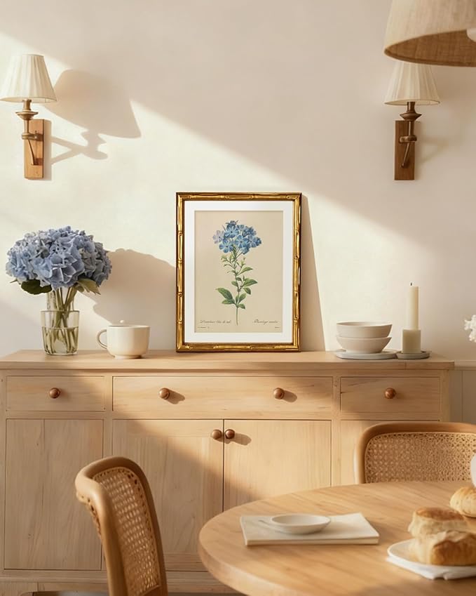 InSimSea Gold Bamboo Framed Canvas Wall Art, Vintage Minimalist Blue Botanical
