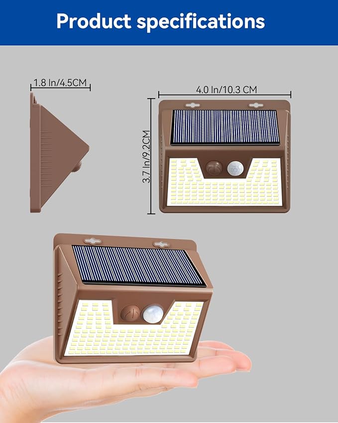 Peasur Solar Lights Outdoor Motion Sensor Waterproof, 4Pack 140LED Brown Solar Powered Fence Light, 3 Modes Security Wall Lights for Garden Yard Outside(Warm White)