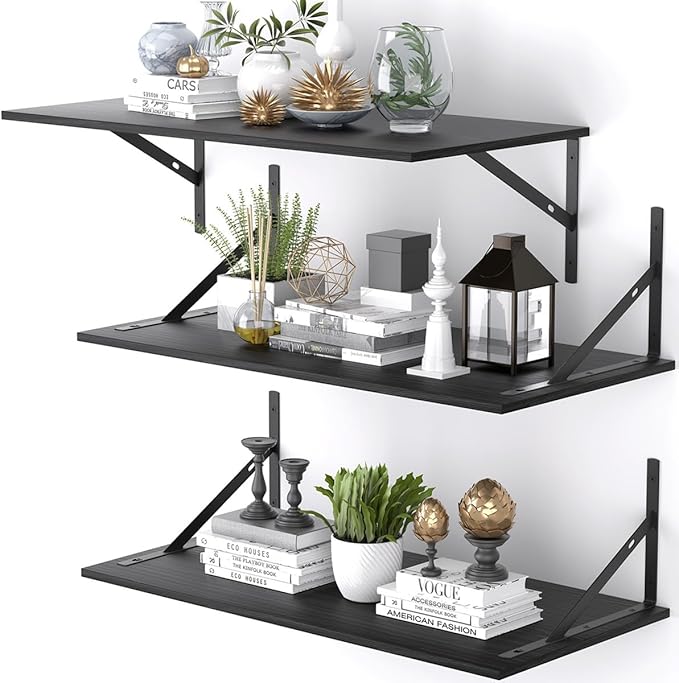 Deep Floating Shelves for Wall Set of 3, 24W x 12 Inch Deep Black Floating
