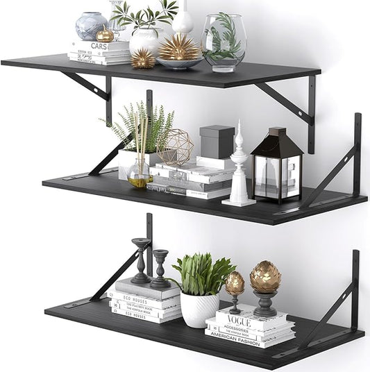 Deep Floating Shelves for Wall Set of 3, 24W x 12 Inch Deep Black Floating