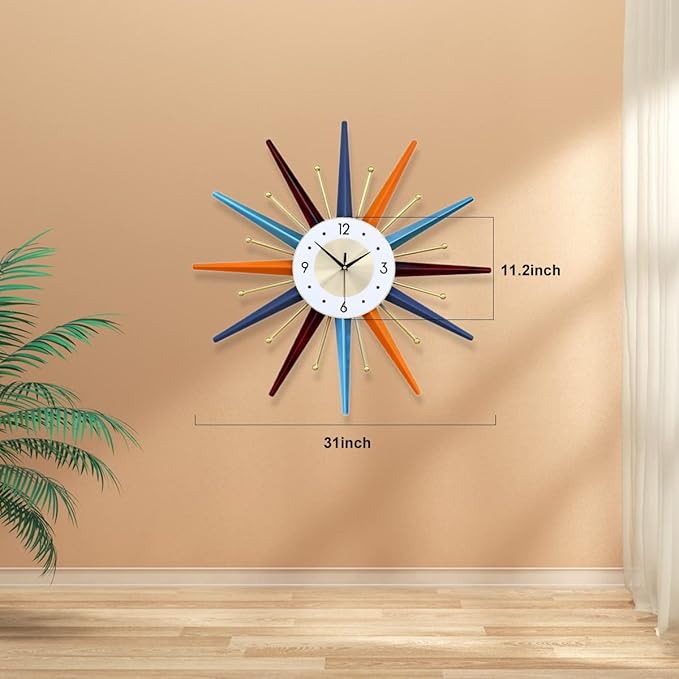 FIELDY Large Wall Clock 31 Inch Mid Century Wall Clocks Starburst Clock Non