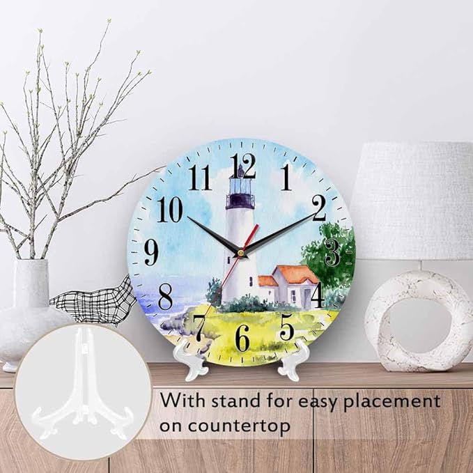 Mxocom Watercolor Lighthouse Wall Clock Building Green Hill Blue Skies House