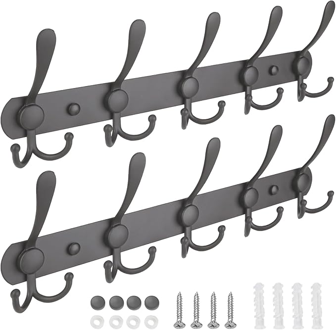 TICONN Wall Mounted Coat Rack, Five Heavy Duty Tri Hooks All Metal Construction