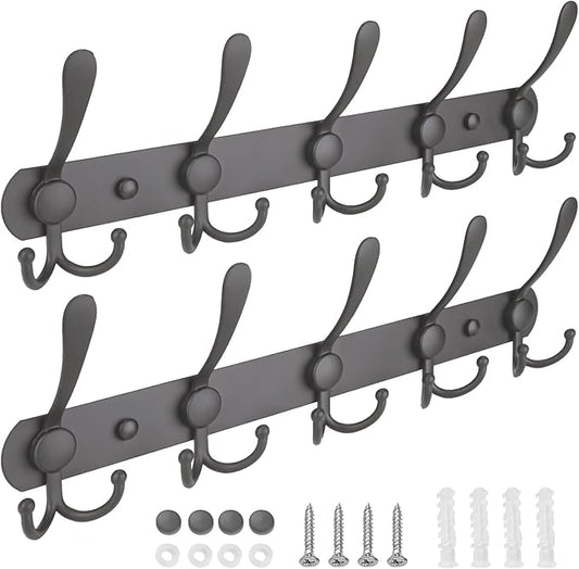 TICONN Wall Mounted Coat Rack, Five Heavy Duty Tri Hooks All Metal Construction