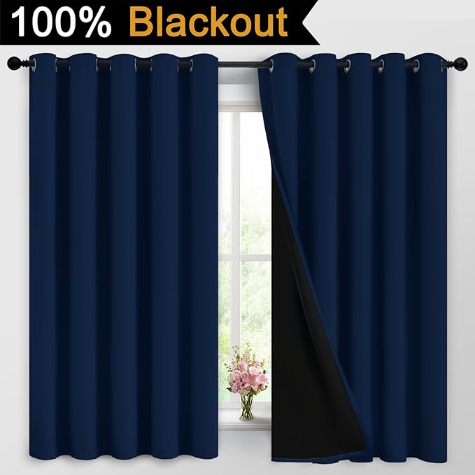 Yakamok Navy Blue 100% Blackout Curtains Energy Saving Thermal Insulated 2