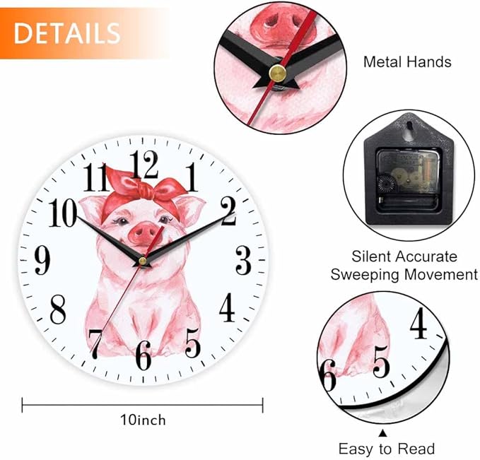 Mxocom Pink Pig Wall Clock Funny Cartoon Pig Wearing Red Bandana 10 Inch Silent