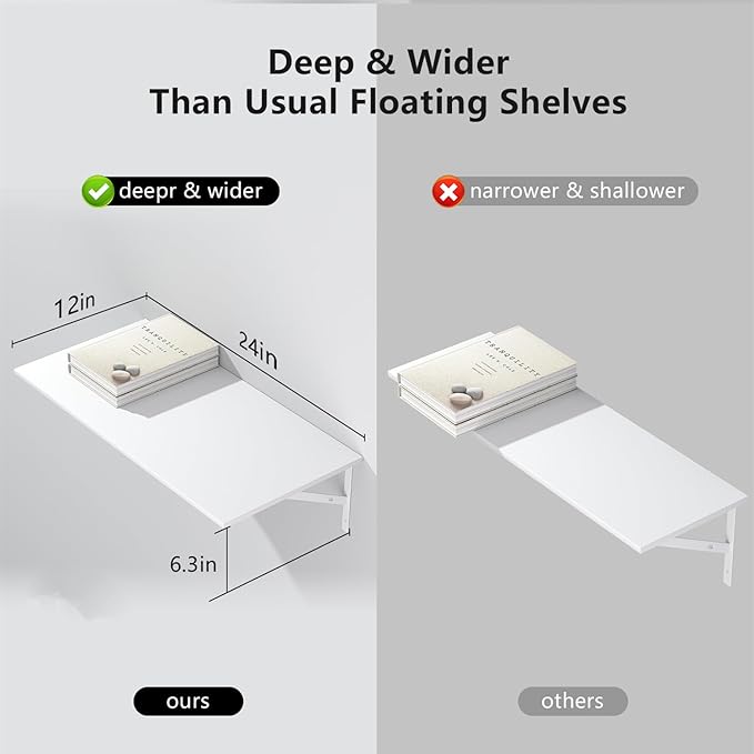 Deep Floating Shelves for Wall Set of 3, 24W x 12 Inch Deep White Floating