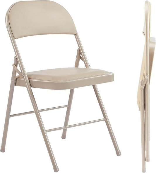 Sweetcrispy Folding Chair 2 Pack, Leather Padded Folding Chairs, Sturdy Metal Foldable Chairs, Easy to Use and Store, Outdoor and Indoor, for Home, Office, Party, Comfy, Kahki