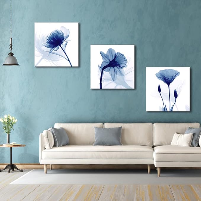 Wieco Art Blue Abstract Flowers 3 Panels Canvas Prints Wall Art Modern Pictures