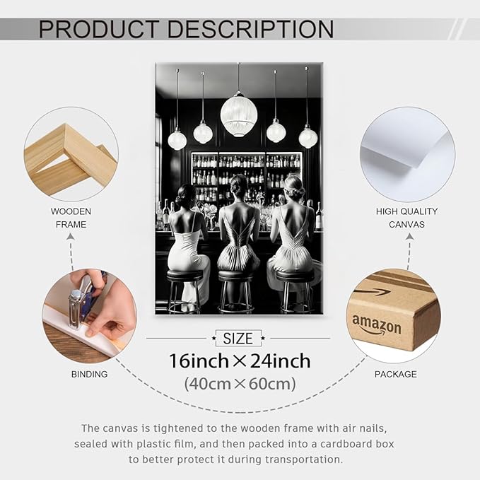 Vintage Black and White Framed Wall Art Trendy Women Drink Cocktail Posters