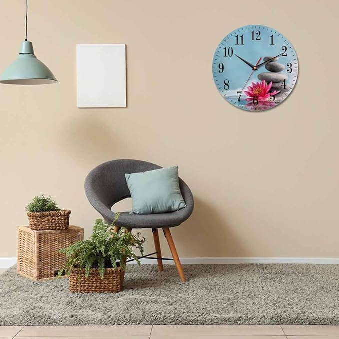 Mxocom Meditation Wall Clock Water Lily and Zen Stone Natural Still Relax 10